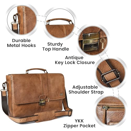 Leather Messenger Bag for Men & Women, 16'' Handmade Laptop Briefcase Satchel, Crossbody Shoulder Office Bag for Work, Travel - color: Cognac Brown