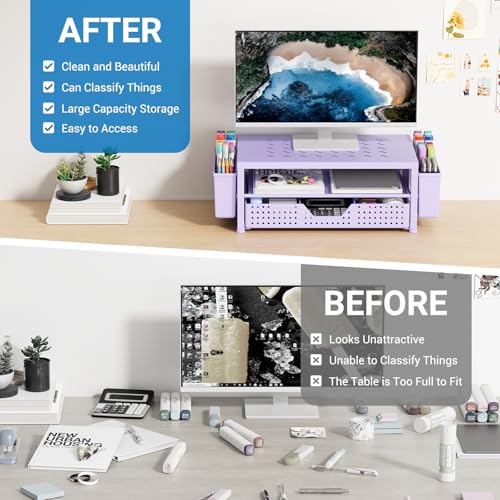 Laptop Stand for Desk Organizer, Computer Monitor Stand Riser with Drawer and 2 Pen Holders, Ventilated Perforated Steel Top, Office Desk Accessories for Home Office Supplies, Purple