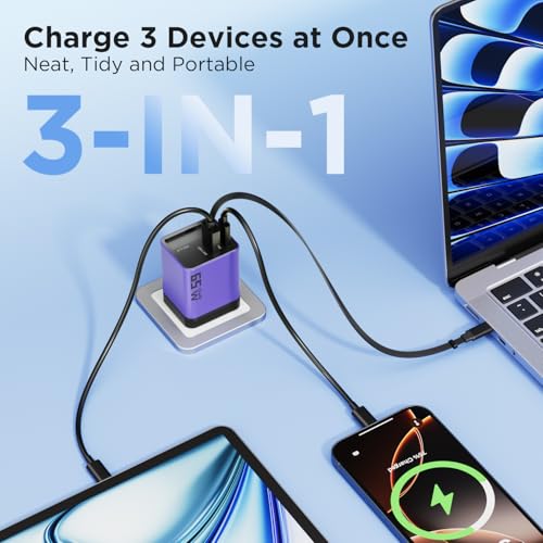 65W GaN USB C Charger with Retractable Charging Cable | travel charger for MacBook, iPhone 17 16 15, Samsung Galaxy S24, iPad, 3 in 1 wall charging block,Purple - color: Purple