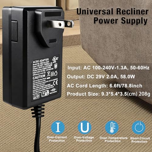 Universal Recliner Power Supply [New Version], 29V 2A AC/DC Switching Power Recliner Adapter with 6.6ft Power Cord for Recliner, Power Sofa, Couch, Lift Chair Compatible with Most Makes & Models