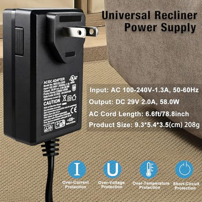 Universal Recliner Power Supply [New Version], 29V 2A AC/DC Switching Power Recliner Adapter with 6.6ft Power Cord for Recliner, Power Sofa, Couch, Lift Chair Compatible with Most Makes & Models