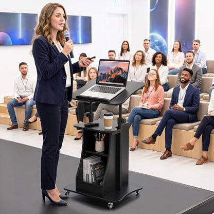 Tangkula Mobile Lectern Podium Set of 2, Height Adjustable Podium Stand, Standing Sit-to-Stand Desk, Rolling Cart Laptop Desk with Swivel Top Movable Wheels & Storage - color: Black, size: 20" x 16" x 44"