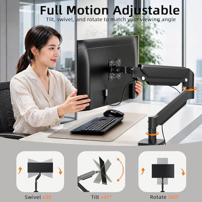 Single Monitor Mount for 17-32 Inch Screens, Gas Spring Monitor Arm Desk Mount with Full Motion Adjustment, Supports 4.4-19.8 lbs Monitors, VESA 75x75/100x100, C-Clamp & Grommet Base