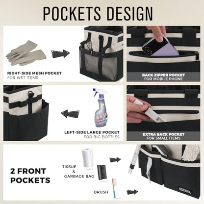 SCAVATA Compact Wearable Cleaning Caddy with Handle & Shoulder Straps | Small Cleaning Supplies Organizer, Under Sink & Car Cleaning Tools Storage Bag for Housekeepers Cleaners, Cream White - color: CreamWhite