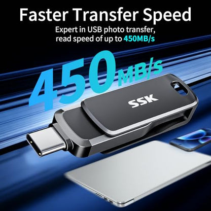SSK 128GB Flash Drive up to 450MB/s Thumb Drive USB C+A 3.2 Memory Stick | Support OTG,Dual Connection,1GB in 2.3s,2 in 1 Pendrive for iPhone 15/16/17/Android/Laptop,Zinc Alloy Keyhole - size: 128GB