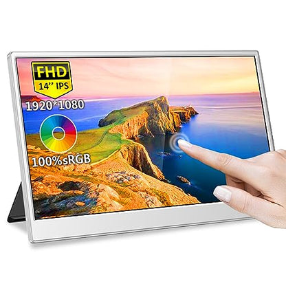14 Inch Touchscreen Portable Monitor,FHD 1080p,100% sRGB Display,Built USB-C,HDMI,Mini DP,Folding Kickstand Extend Second Screen for Laptop/PC/Phone/Game Console - size: 14 Inch