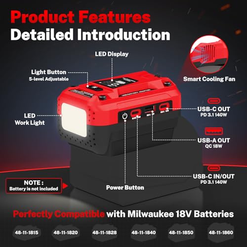 140W USB Battery Charger Adapter Compatible with Milwaukee 18V Battery | PD 3.1 Fast Charging with Dual USB-C, 18W USB-A, Portable Phone Charger with 700LM LED Work Light and LED Screen Display - color: Red