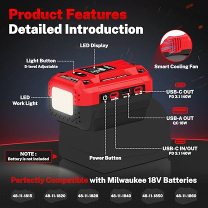 140W USB Battery Charger Adapter Compatible with Milwaukee 18V Battery | PD 3.1 Fast Charging with Dual USB-C, 18W USB-A, Portable Phone Charger with 700LM LED Work Light and LED Screen Display - color: Red
