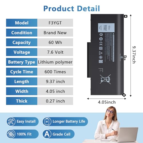 60Wh F3YGT Laptop Battery Compatible with Dell Latitude 12 7000 7280 7290 13 7380 7390 P29S002 14 7480 7490 P73G002 E7480 E7280 E7290 DM3WC DM6WC 2X39G - size: F3YGT for Dell