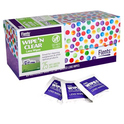 Flents Wipe N Clear Lens Wipes, 25 Count, Assorted Box Patterns for Glasses, Sunglasses, and Camera Lenses, Streak-Free, Anti-Fog, Portable Cleaning Cloths, Individually Wrapped, Pocket Sized | Safe for Glasses, Sunglasses, Gentle Cleaning, Clear Vision,