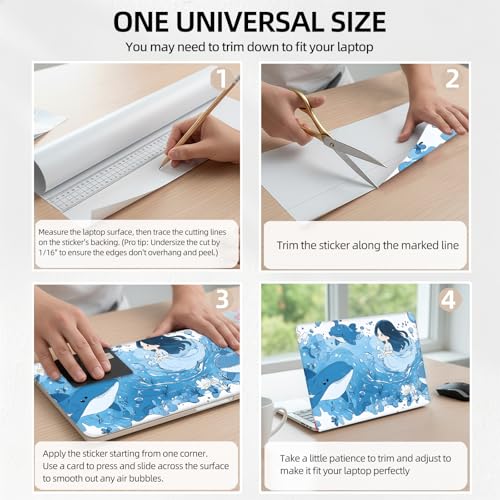 Cute Whale Girl Anime Universal Laptop Skin Sticker 3PCS, Protective Decal Trim-to-Fit 11.6" 13.3" 14" 15.6" Laptop Vinyl Cover, Removable Anti-Scratch Computer Decal Protector - color: Cute Whale Girl Anime