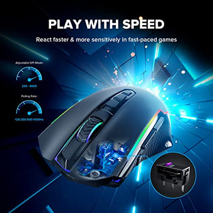 Redragon Gaming Mouse, Wireless Mouse Gaming with 8000 DPI, PC Gaming Mice with Fire Button, RGB Backlit Programmable Ergonomic Mouse Gamer, Rechargeable, 70Hrs for Windows, Mac Gamer, Black - color: Black, style: 2.4G/ Wired