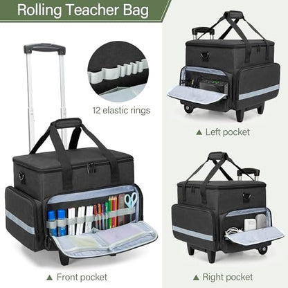 Rolling Teacher Tote Bag with Wheels for Teaching, Office, Black | Work Bag for Women, Teacher Uility Tote Bag, Large Capacity - color: Black