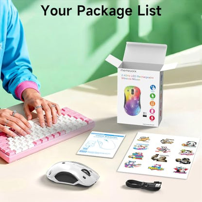 memzuoix 2.4G LED Wireless Mouse, Rechargeable Ergonomic Mouse with Detachable Cover, 1200 DPI Portable Optical Computer Mouse with USB Receiver for Laptop/PC/Desktop/MacBook, 5 Buttons-with Stickers - color: Black and white