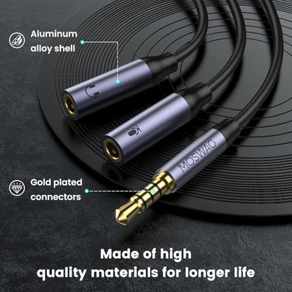 MOSWAG 3.5mm TRRS Headphone Splitter, 1 Male to 2 Female Mic Audio Y Cable | 3.5 mm male to Dual Female Headphone Mic Splitter Jack, TPE material, For Switch 2, PS5/PS4, Xbox, Laptop, Phone, Tablet
