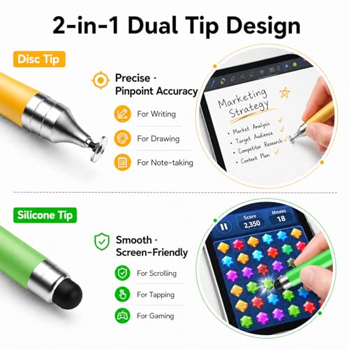 Stylus Pens for Touch Screens, Universal 2 in 1 Stylus Pen for iPad Compatible with iPhone, iPad, Android, Microsoft Tablets, Phones, Surface,[5 Pack]-Blue,Green,Pink,Purple,Yellow - size: 5 Pack