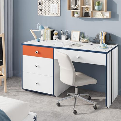 Modern Small Desk with 4 Drawers, 47 Inch Computer Desk with Storage & Soccer Shaped Handle, Wooden Student Study Writing Table for Bedroom, Small Space, White/Blue