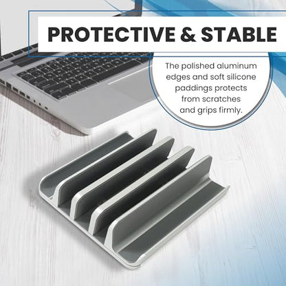 Elestoria 5- Slot Vertical Laptop Stand - Aluminum Laptop Stand Vertical for Desk - Fits MacBook Pro/Air, Surface, Mobiles & Gaming Laptops up to 17.3" - Heavy Duty Laptop Holder for Desk - (Silver) - color: Silver