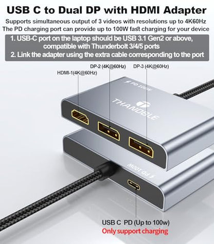 USB C to Dual DisplayPort Adapter and HDMI with 100W PD Charging, Triple 4K60Hz Monitor Extender for Dell/Surface Pro/HP, DP Splitter Extended Display Hub, Laptop Multi-Screen Adapter - size: 32cm
