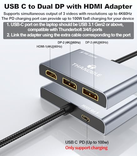 USB C to Dual DisplayPort Adapter and HDMI with 100W PD Charging, Triple 4K60Hz Monitor Extender for Dell/Surface Pro/HP, DP Splitter Extended Display Hub, Laptop Multi-Screen Adapter - size: 32cm