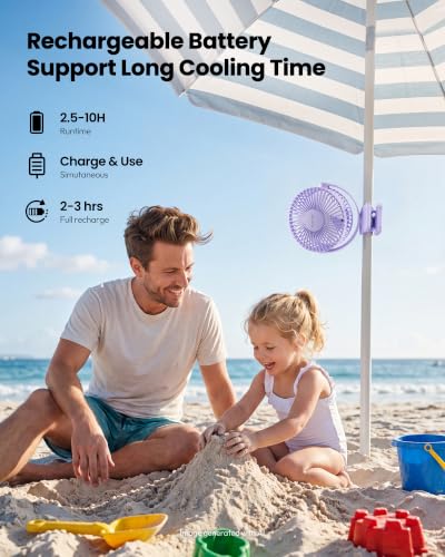 Gaiatop Portable Clip on Fan, Mini Personal Rechargeable Fan | Battery Operated, Small 3 Speed Quiet 360° Rotate, Cooling for Desk Table Home Office Stroller Camping Women Gifts Purple - color: light purple