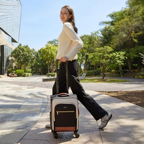 LOVEVOOK Carry On Luggage 22x14x9 Airline Approved,20 Inch Carry-on Suitcase for Women,Softside Suitcases with Wheels,Rolling Checked Luggage with TSA Lock,Lightweight Travel - color: Black/White/Brown, size: 20 inch-carry-on-1pc