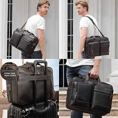 Masa Kawa Expandable Leather 17" Laptop Travel Messenger Duffel Bag Men | Large Overnight Weekend Business Trip Duffel Bags with Luggage Strap, Crossbody Shoulder Computer Briefcase - color: B2