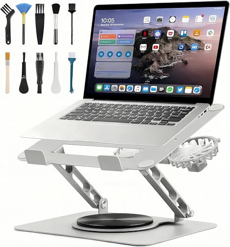 Laptop Cooling Stand with 2 Detachable Fans, 360° Rotating Adjustable Laptop Stand, Carbon Steel Ergonomic Laptop Riser, Anti-Slip Base for 10-17.3" Notebook MacBook, Office Home Gaming - color: Silver