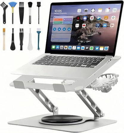 Laptop Cooling Stand with 2 Detachable Fans, 360° Rotating Adjustable Laptop Stand, Carbon Steel Ergonomic Laptop Riser, Anti-Slip Base for 10-17.3" Notebook MacBook, Office Home Gaming - color: Silver