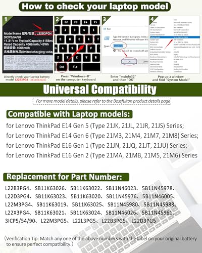 47Wh L22B3PG4 L22M3PG4 Battery Replacement for Lenovo ThinkPad E14 Gen 5 Gen 6,ThinkPad E16 Gen 1 Gen 2 Series Notebook L22D3PG4 L22X3PG4 L22L3PG5 L22B3PG5 L22D3PG5-11.31V 4156mAh - size: L22B3PG4 11.54*3.15*0.25 IN