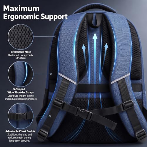 Amovee Travel Laptop Backpack 17.3 Inch, Water Resistant Anti-Theft Computer Bag with Hidden Pocket & Luggage Strap, Airline Approved Carry-On Bookbag for Men Women, Perfect for Flying & Vacation - color: Navy Blue