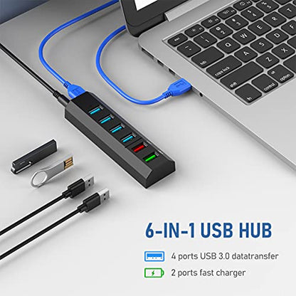 USB Hub, Aiibe 6 Ports Super High Speed USB 3.0 Hub Splitter + 24W Power Adapter + USB 3.0 Cable, Black Smart Fast Charger Powered USB Hub for Laptop, Mac, PC, Mobile HDD, Mulitple Devices - color: Black 6 Port