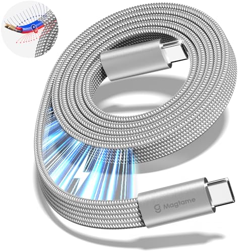 Magnetic USB C to USB C Cable, 240W/5A Coiled Fast Charging USB Type C Charger Cable Braided for iPhone 15/15 Plus/15 Pro/15 Pro Max, MacOS Pro, Pad Pro, Samsung Galaxy S24/S23/S22 Ultra 5FT | Self Winding USB Type C Charger Cable Braided for iPhone 17 16