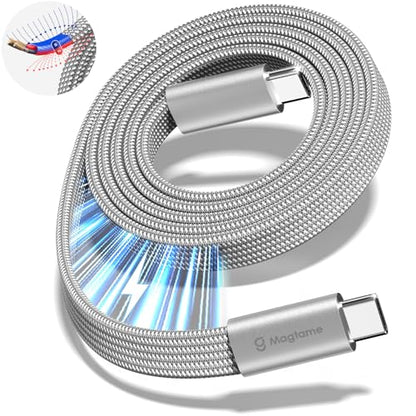 Magnetic USB C to USB C Cable, 240W/5A Coiled Fast Charging USB Type C Charger Cable Braided for iPhone 15/15 Plus/15 Pro/15 Pro Max, MacOS Pro, Pad Pro, Samsung Galaxy S24/S23/S22 Ultra 5FT | Self Winding USB Type C Charger Cable Braided for iPhone 17 16