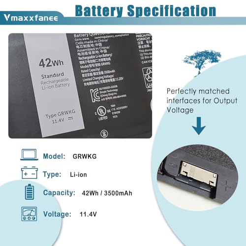 42Wh GRWKG Battery Replacement for Dell Latitude 3340 3440 3450 3540 3550 5340 5350 5440 5450 5540 7455 Precision 3580 3590 3480 3490 Series DR02P JTG7N R73TC 11.4V 3500mAh - size: 10.39*3.42*0.15 inch GRWKG