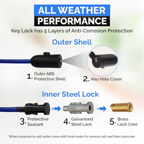 Coiled Security Cable Lock (5' to 25’ Lengths) with Keys, 5ft | Weatherproof, Multi-Purpose, Anti-Theft Protection, 10mm Diameter, For Kayaks, Bikes, Paddleboards, Scooters, Equipment - size: 5ft