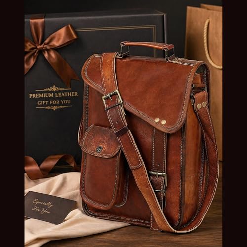 Leather Satchel Tablet Bag Laptop Case Office Briefcase Messenger Gift for Men Computer Distressed Shoulder Bag - size: 15 inch
