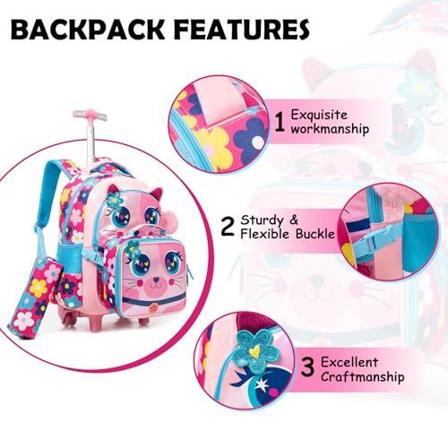 Kids Big-Eyed Cat Rolling Backpack for Girls, School Bags Pink | Trolley Suitcases Luggage Travel with Wheels, Wheeled 3PCS Roller Backpacks Set, Toddler Back Pack, School Bags Elementary - color: Pink-0121-maomi