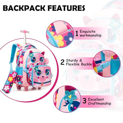 Kids Big-Eyed Cat Rolling Backpack for Girls, School Bags Pink | Trolley Suitcases Luggage Travel with Wheels, Wheeled 3PCS Roller Backpacks Set, Toddler Back Pack, School Bags Elementary - color: Pink-0121-maomi