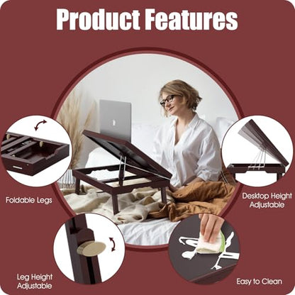 Bamboo Adjustable & Foldable Bed Tray Table with Ergonomic Handle, 17x12in Breakfast Tray for Eating, Laptop Desk, Sofa Snacking, Non-Slip Surface (Mahogany) - color: Jujube Red — 1 Pack, size: 17 x 12.2 x 2.4 in (1 Pack)