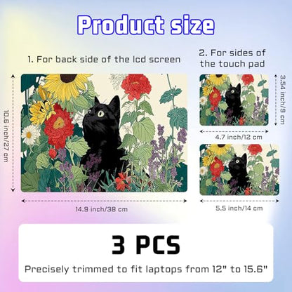 Universal Laptop Skin Sticker Decal, Compatible with MacBook HP Dell Lenovo 12"-15.6", Reusable Vinyl Notebook Cover 3PCS Set, High-Recognition Film-Black Cat in Sunflower Garden - color: Black Cat in Sunflower Garden