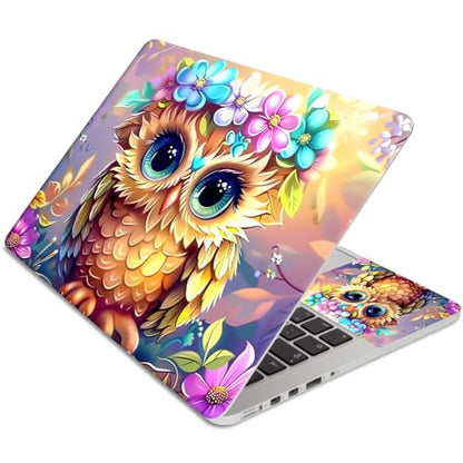 Laptop Skin Sticker 3-Piece Set,Owl Flowers | Trim-to-fit 3-piece vinyl set with one 15 x 10.6 in lid skin and two palm-rest decals for many 12-15.6 in laptops - color: Owl Flowers