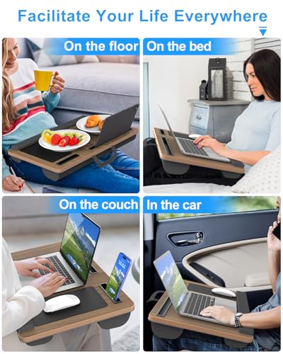 Laptop Lap Desk, Portable Large Laptop Desk for Bed, Up to 17 in Lap Table with Wrist Rest, Mouse Pad, Tablet Phone Slot, Portable Handle, Cushion (Dark Brown Woodgrain) - color: Dark Brown Woodgrain