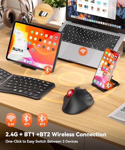 Ergonomic Wireless Trackball Mouse, 3 Device Connection (Bluetooth or 2.4G USB Receiver) Bluetooth Quiet Computer Mouse, 2*AAA Battery Thumb Laptop Mice with 5 Level DPI for PC/Laptop/Mac/Windows Red - color: Red