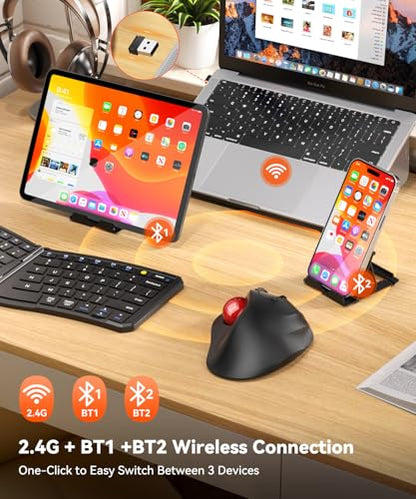 Ergonomic Wireless Trackball Mouse, 3 Device Connection (Bluetooth or 2.4G USB Receiver) Bluetooth Quiet Computer Mouse, 2*AAA Battery Thumb Laptop Mice with 5 Level DPI for PC/Laptop/Mac/Windows Red - color: Red