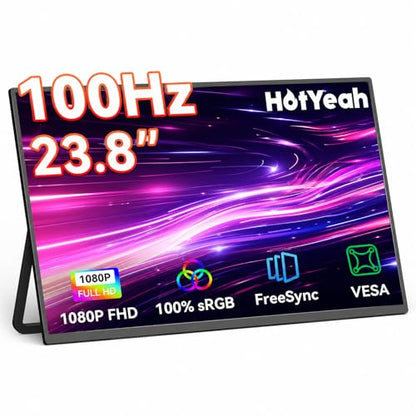 HotYeah 23.8" 100Hz Portable Monitor, 1080P FHD 100% sRGB IPS USB-C HDMI Large External Monitor, Home Gaming 2nd Screen w/180° Adjustable Kickstand for MacBook, Laptop, PC, Phone, Tablet, Switch, PS5