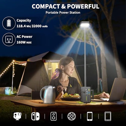 MARBERO [FathersDayGifts] 118Wh Portable Power Station with Telescopic Camping Lights for Camping Hiking 32000mAh 160W Max Power Bank with AC Outlet USB DC Output for Emergency - color: Dark Green