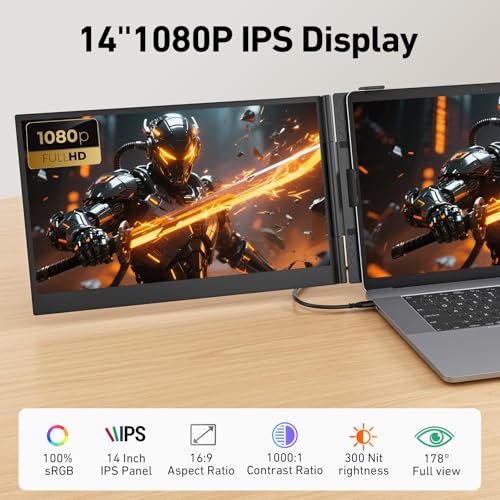 14.1'' Triple Laptop Screen Extender, 2.2lbs Ultra-Light Portable Monitor | 1080P FHD IPS, Fits 13-17.3" Laptops, USB-C Plug & Play No Driver, Extended for Windows/Mac/Chrome, Aluminum Alloy Body - color: 14" Dark Grey