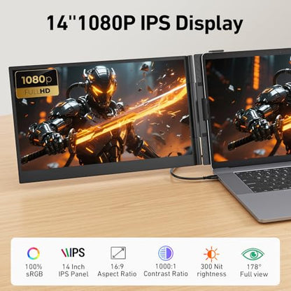 14.1'' Triple Laptop Screen Extender, 2.2lbs Ultra-Light Portable Monitor | 1080P FHD IPS, Fits 13-17.3" Laptops, USB-C Plug & Play No Driver, Extended for Windows/Mac/Chrome, Aluminum Alloy Body - color: 14" Dark Grey