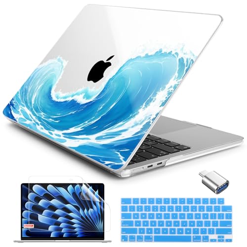Batianda AstroGrid Case for MacBook Air 13.6" M2-M5 Chip, Blue Wave | 4-in-1 Set with Blue Ocean Wave Design, Ultra Slim Hard Shell Protection For Surfers, Students and Beach Lovers - color: Blue Waves